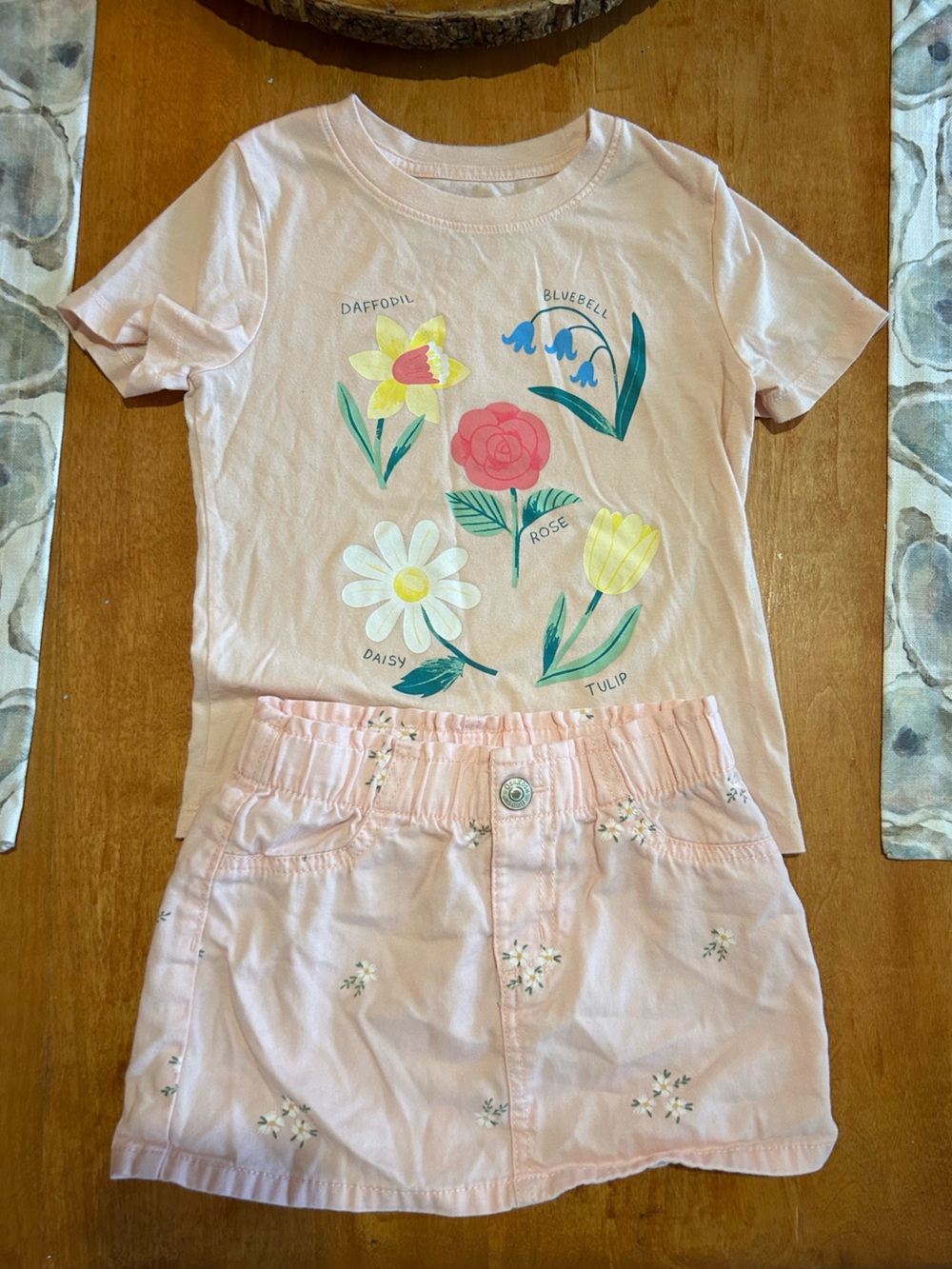 Cat & Jack Light Pink Toddler Tee with light pink & floral accent, OshKosh skirt